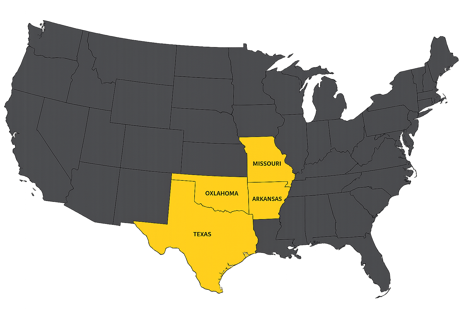 Map highlighting Arkansas, Missouri, Oklahoma, and Texas for holiday event services.
